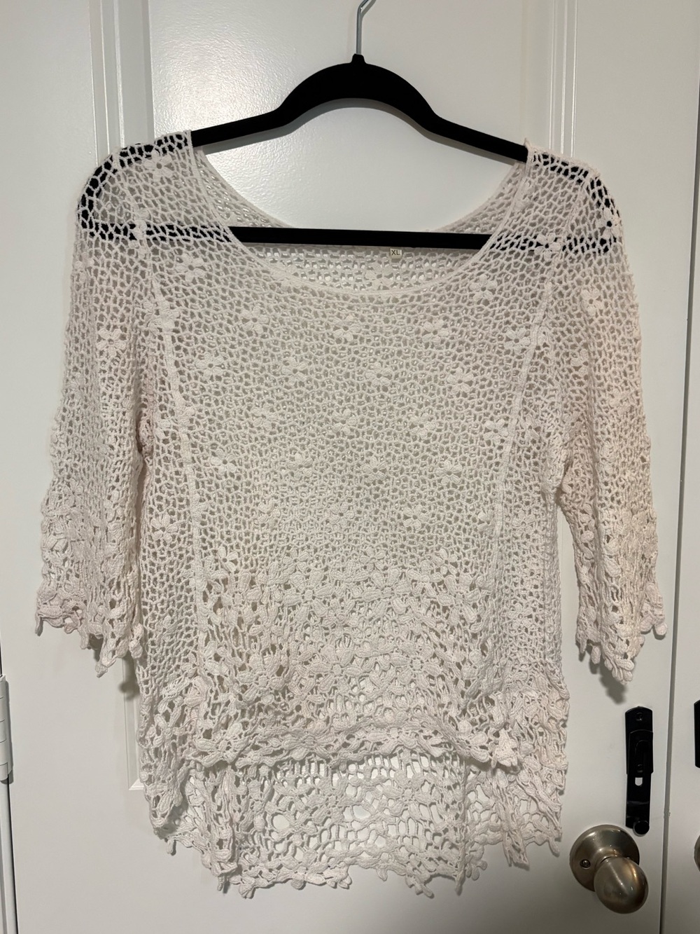 Mosaic & Co Cream Crochet Cotton Three Quarter Sleeve Top Size XL